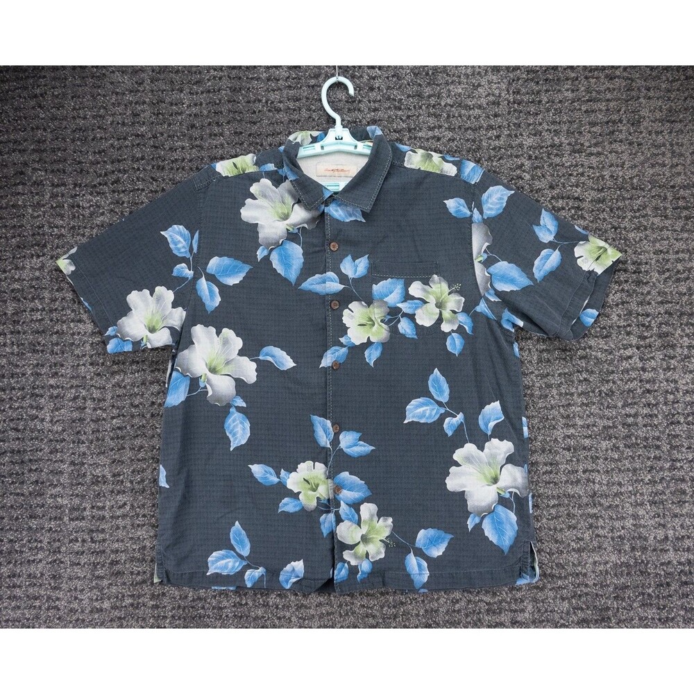 Tommy Bahama Shirt Mens XL Gray Floral Print Silk Short Sleeve Hawaiian Beach